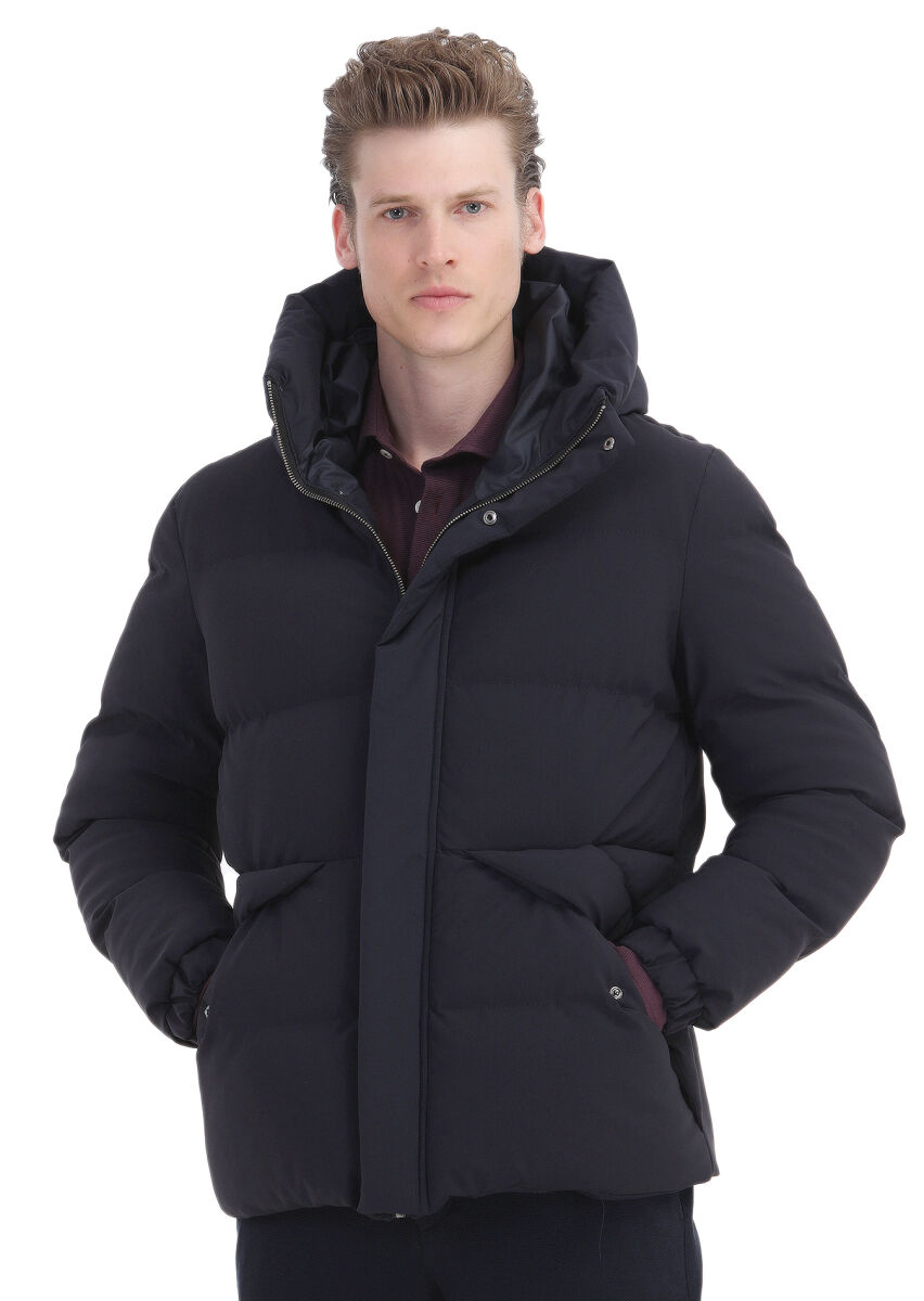 Lacivert Regular Fit Kapüşonlu Casual Dokuma Mont - 1