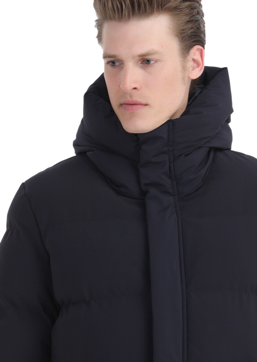 Lacivert Regular Fit Kapüşonlu Casual Dokuma Mont - 4