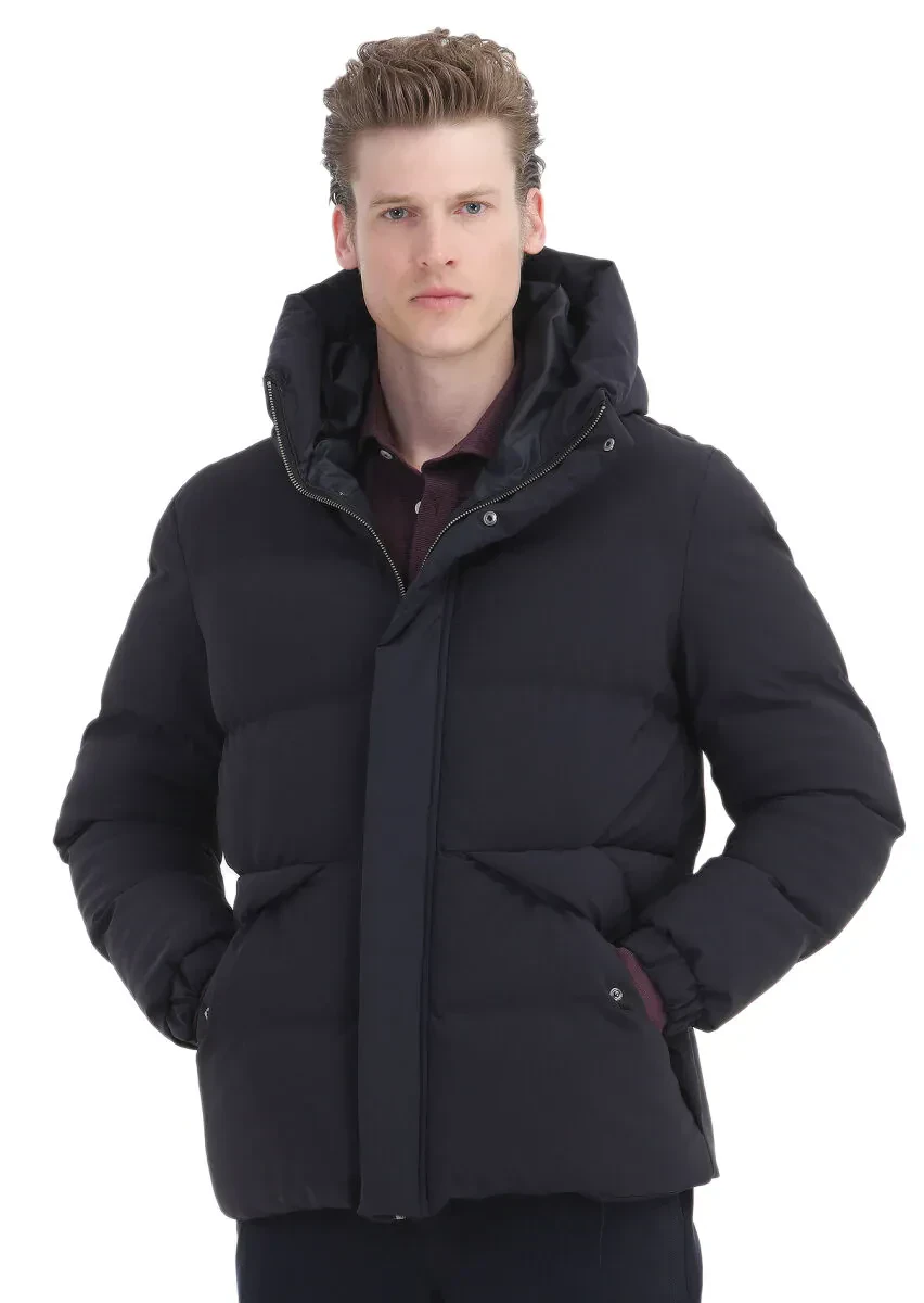 Lacivert Regular Fit Kapüşonlu Casual Dokuma Mont - 1