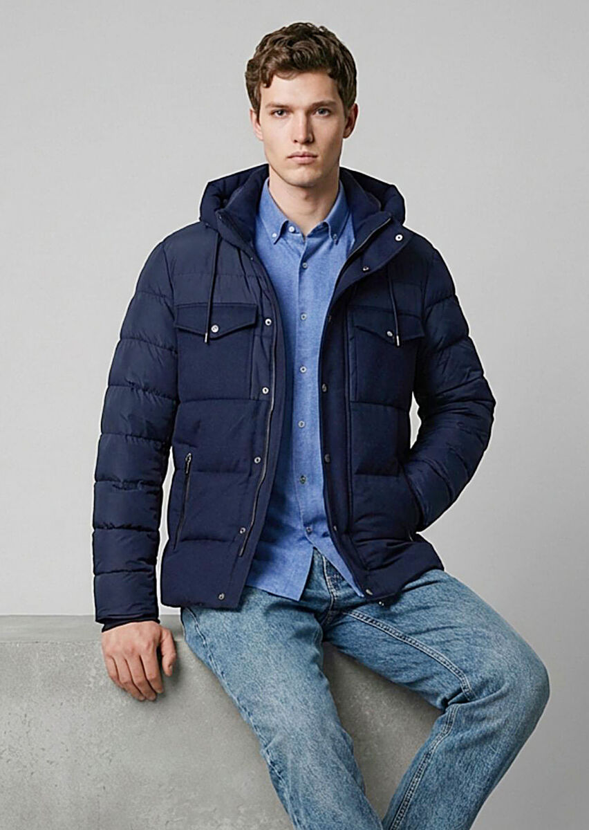 Lacivert Regular Fit Kapüşonlu Casual Dokuma Mont - 2