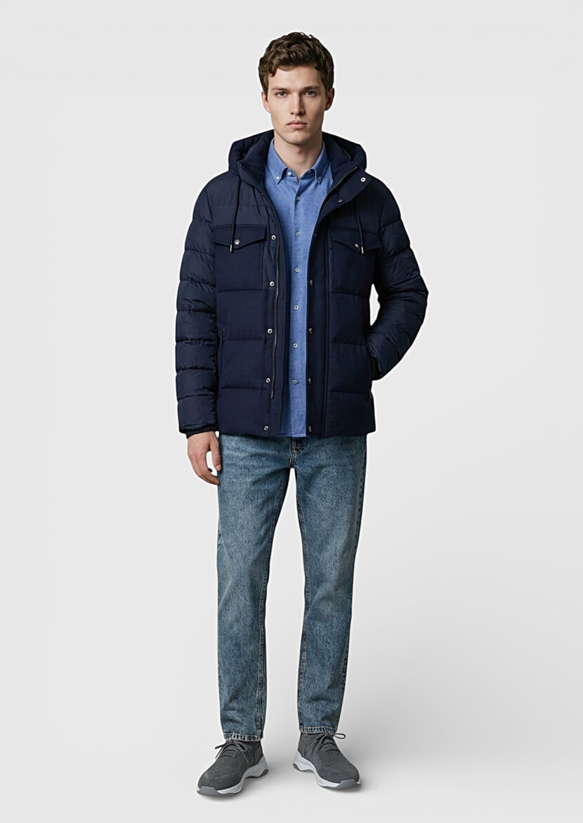 Lacivert Regular Fit Kapüşonlu Casual Dokuma Mont - 3