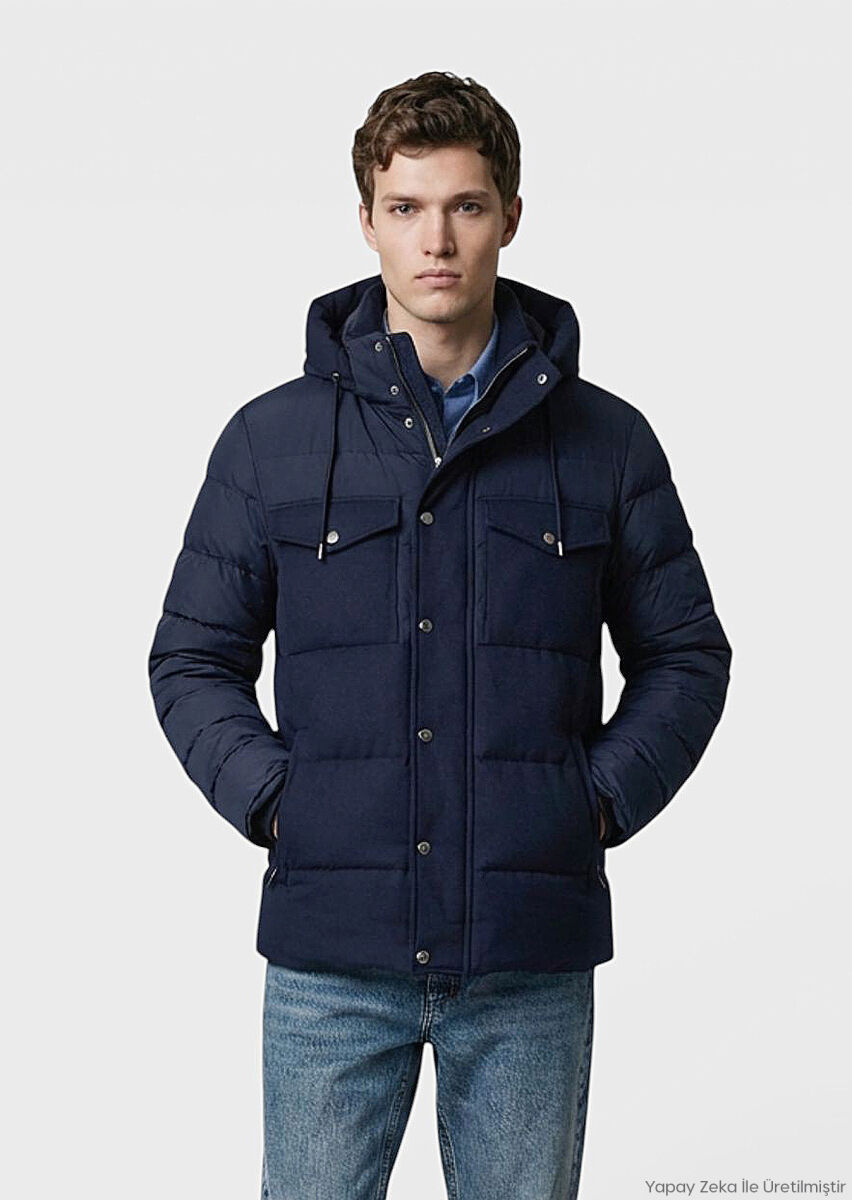 RAMSEY Lacivert Regular Fit Kapüşonlu Casual Dokuma Mont
