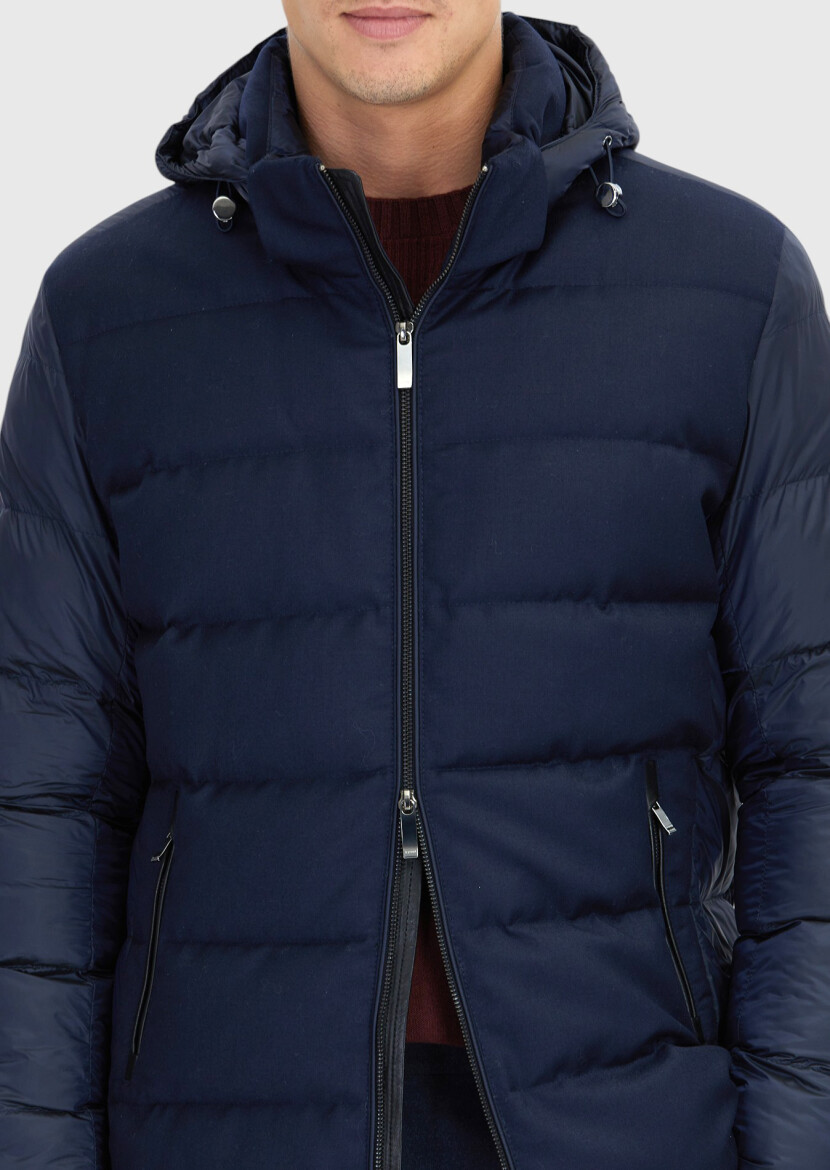 Lacivert Regular Fit Kapüşonlu Casual Dokuma Mont - 5