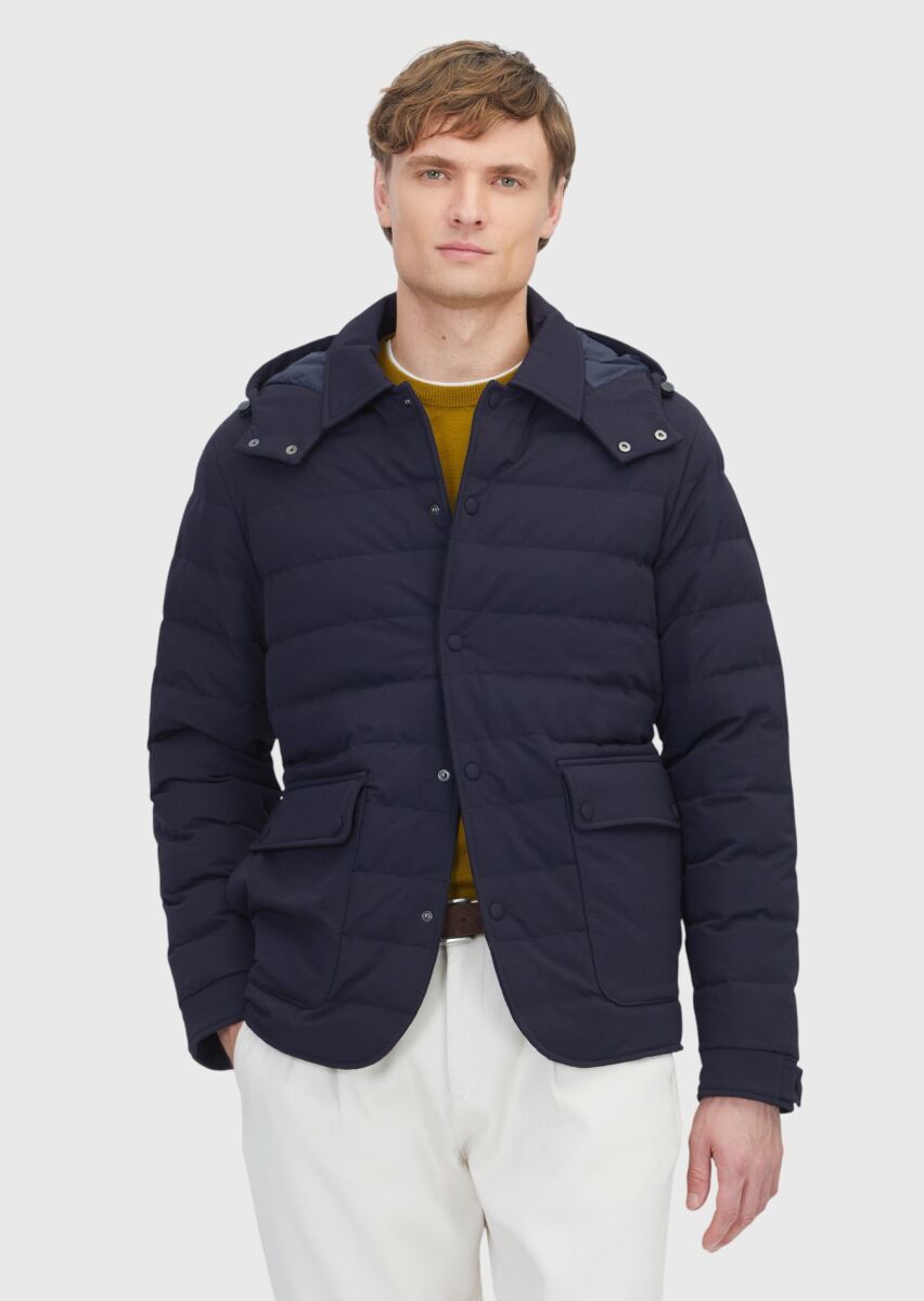 Lacivert Regular Fit Kapüşonlu Casual Dokuma Mont - 1