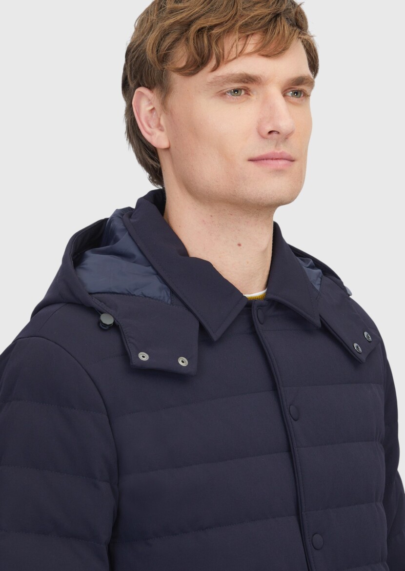 Lacivert Regular Fit Kapüşonlu Casual Dokuma Mont - 4