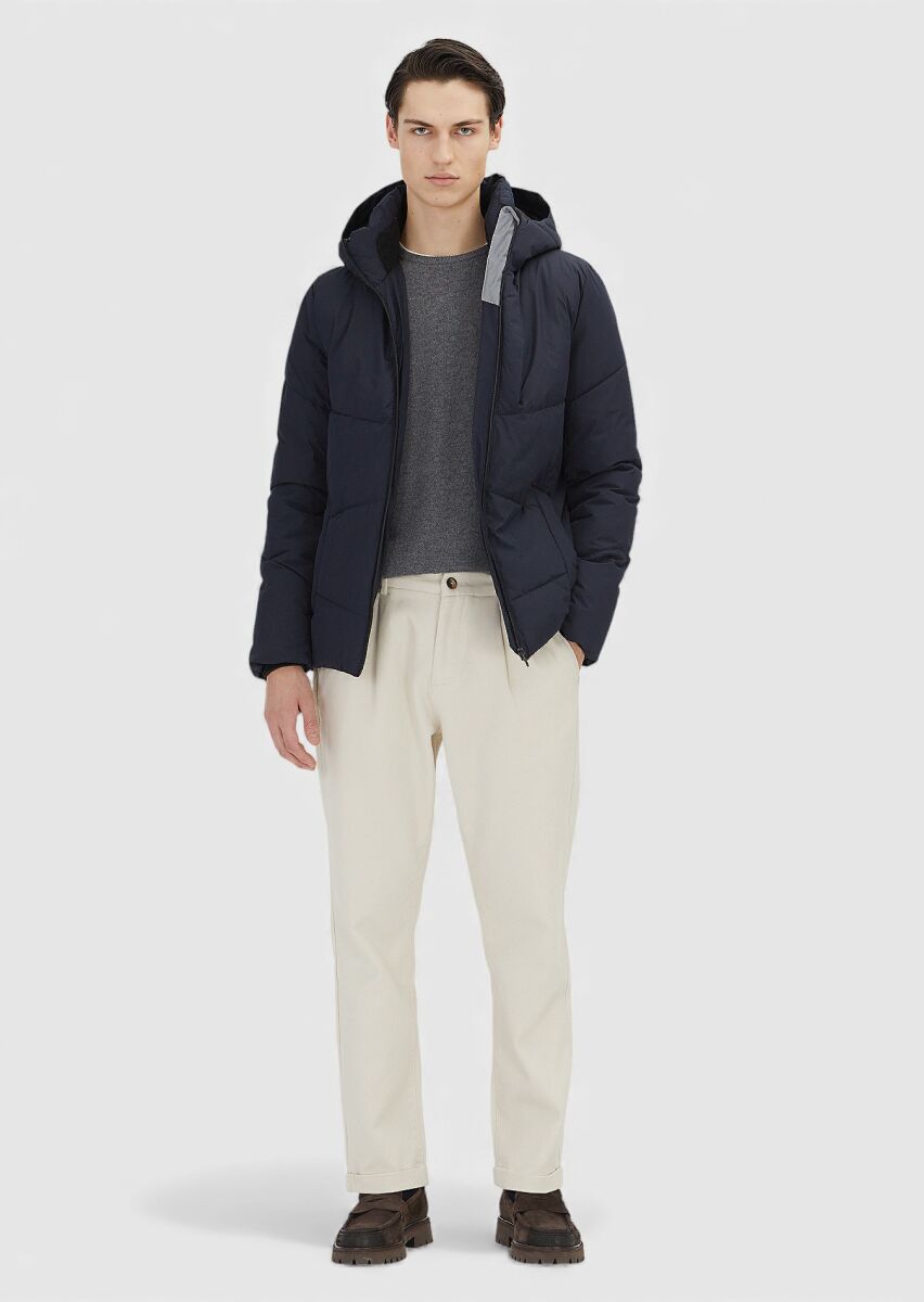 Lacivert Regular Fit Kapüşonlu Casual Dokuma Mont - 2