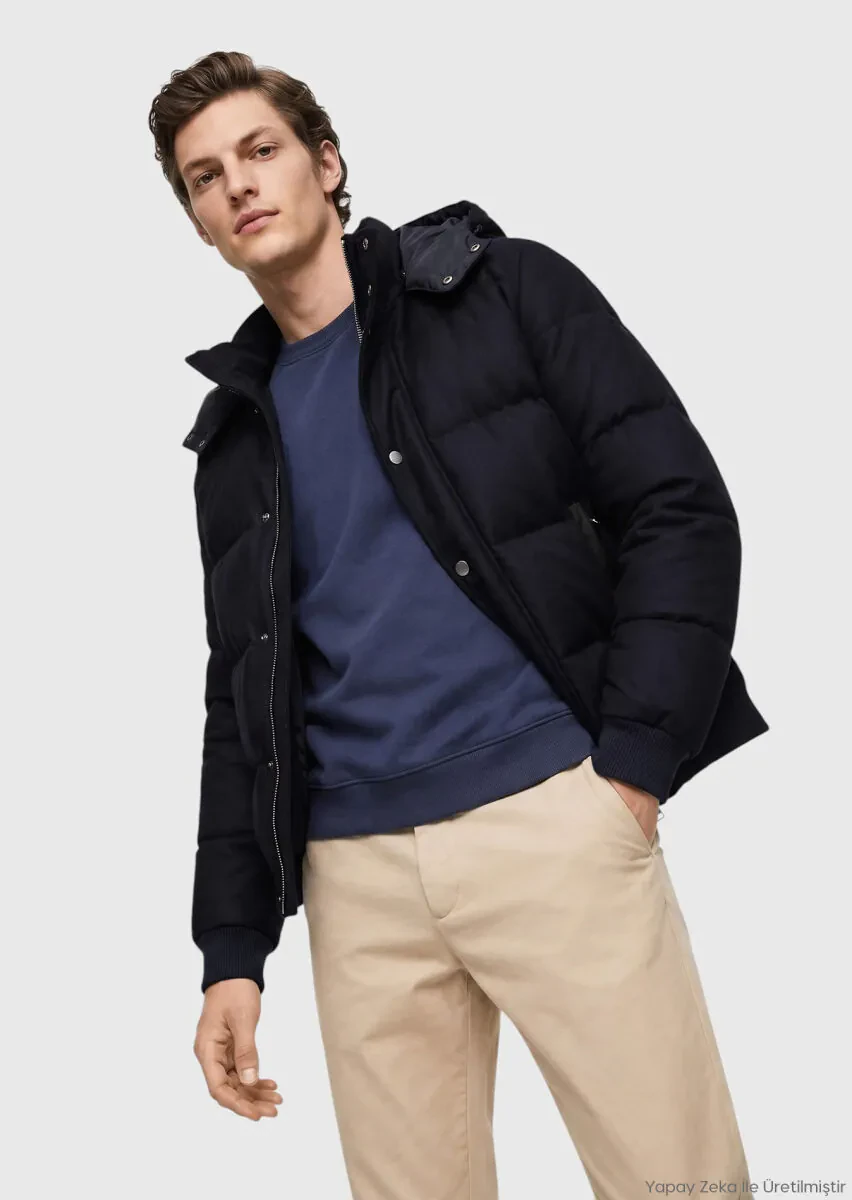 RAMSEY Lacivert Regular Fit Kapüşonlu Casual Dokuma Mont