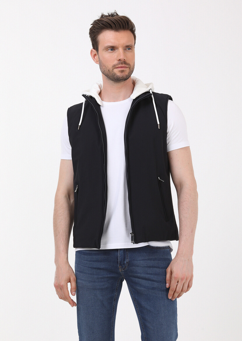 Lacivert Regular Fit Kapüşonlu Casual Dokuma Spor Yelek - 1