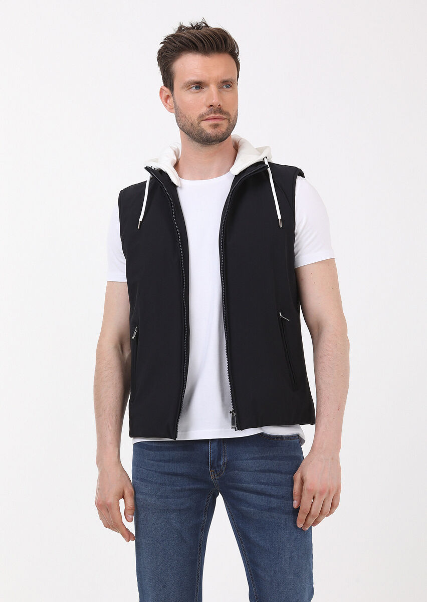Lacivert Regular Fit Kapüşonlu Casual Dokuma Spor Yelek - 1