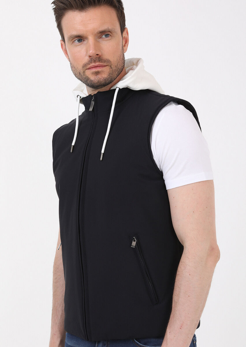 Lacivert Regular Fit Kapüşonlu Casual Dokuma Spor Yelek - 2
