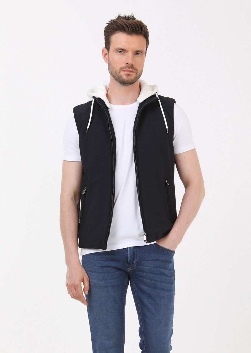Lacivert Regular Fit Kapüşonlu Casual Dokuma Spor Yelek - 3