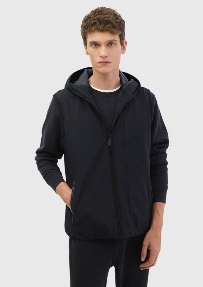 Lacivert Regular Fit Kapüşonlu Casual Dokuma Spor Yelek - 1