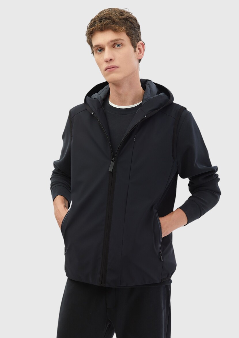 Lacivert Regular Fit Kapüşonlu Casual Dokuma Spor Yelek - 3