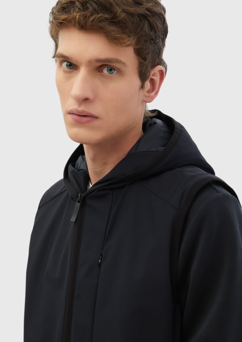 Lacivert Regular Fit Kapüşonlu Casual Dokuma Spor Yelek - 4