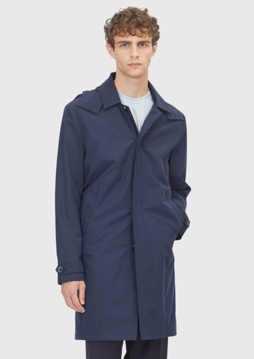 Lacivert Regular Fit Kapüşonlu Casual Teknik Pardösü - 1