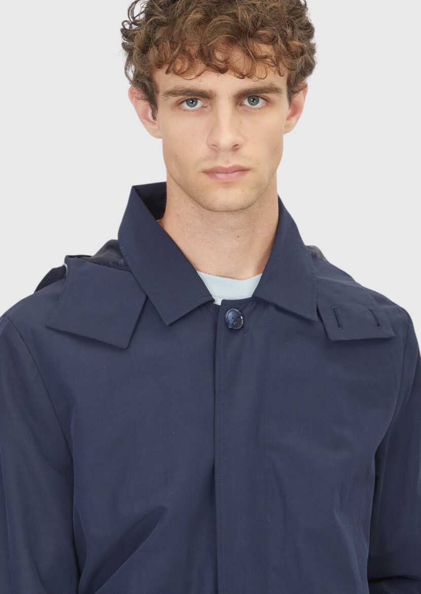 Lacivert Regular Fit Kapüşonlu Casual Teknik Pardösü - 4