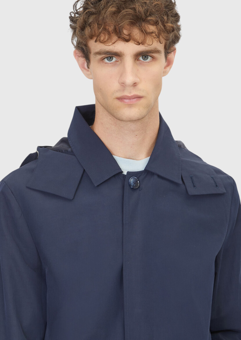 Lacivert Regular Fit Kapüşonlu Casual Teknik Pardösü - 4