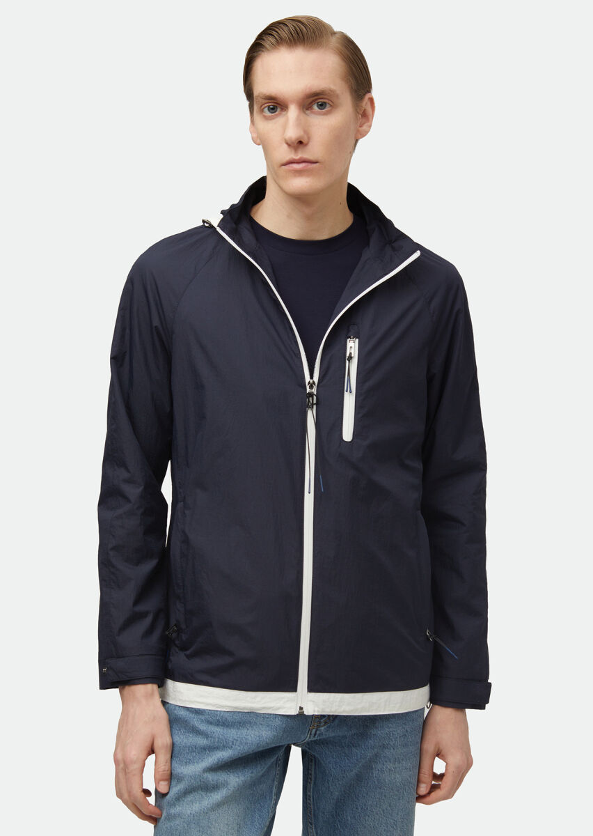 Lacivert Regular Fit Kapüşonlu Denim Dokuma Mont - 1