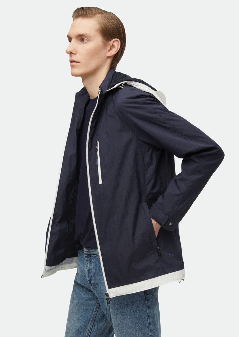 Lacivert Regular Fit Kapüşonlu Denim Dokuma Mont - 3