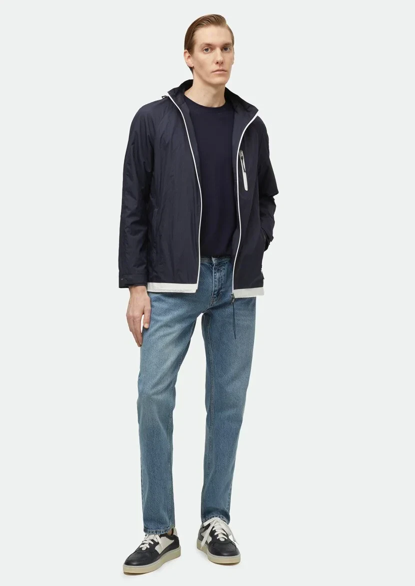 Lacivert Regular Fit Kapüşonlu Denim Dokuma Mont - 2