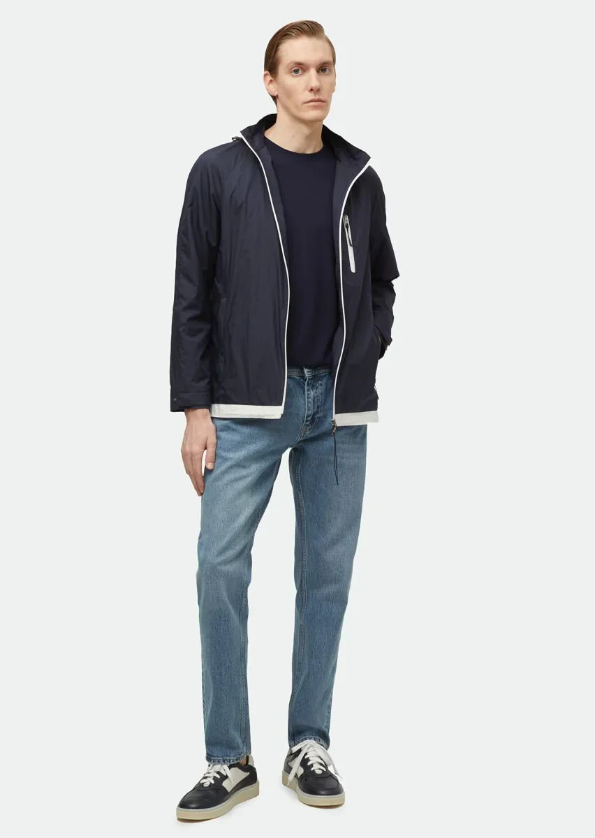 Lacivert Regular Fit Kapüşonlu Denim Dokuma Mont - 2