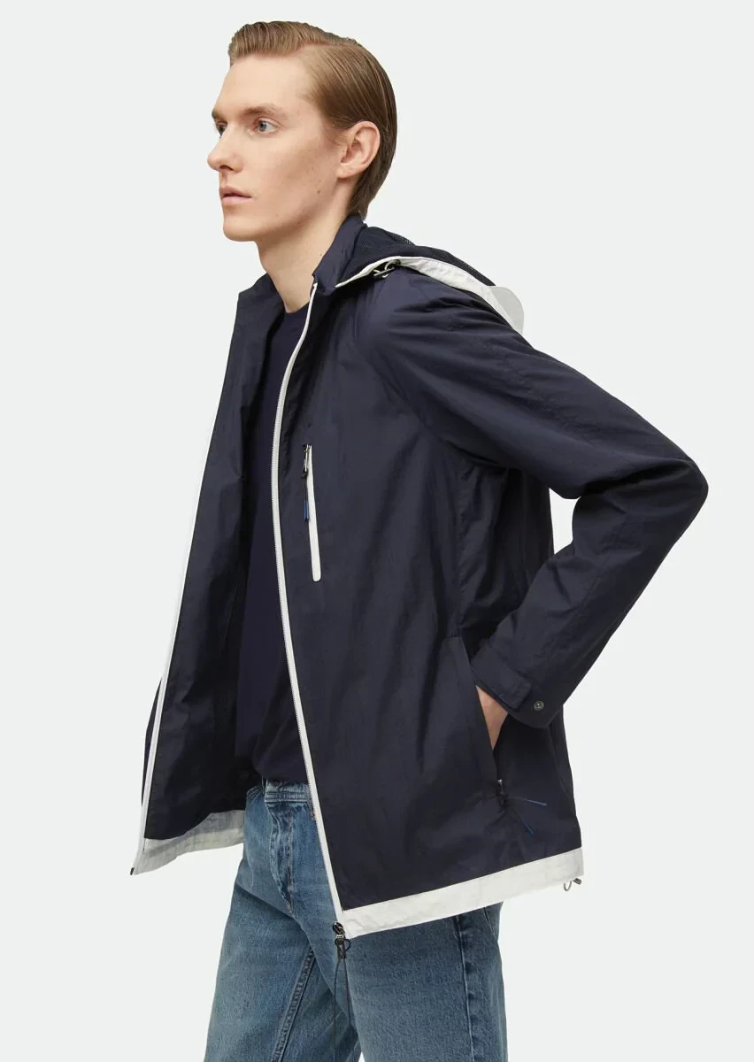 Lacivert Regular Fit Kapüşonlu Denim Dokuma Mont - 3