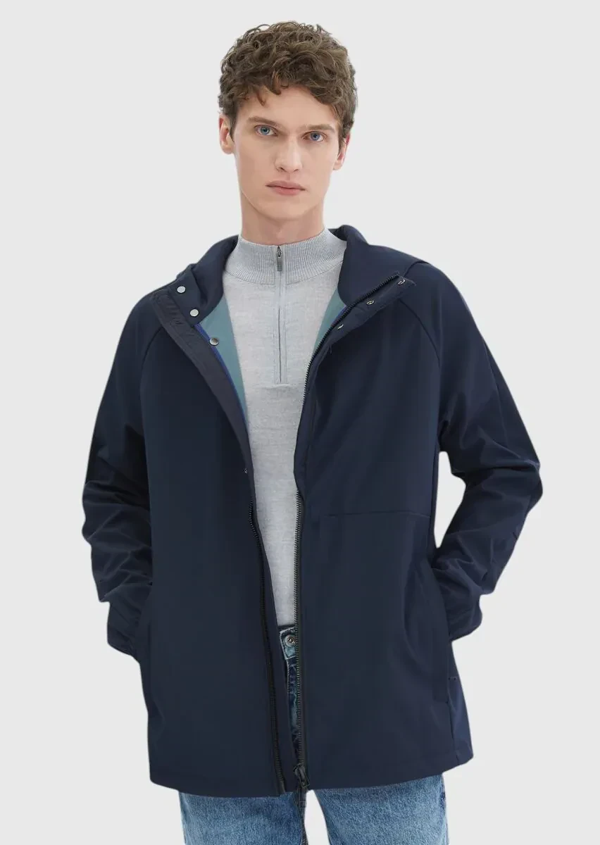 Lacivert Regular Fit Kapüşonlu Denim Dokuma Mont - 1