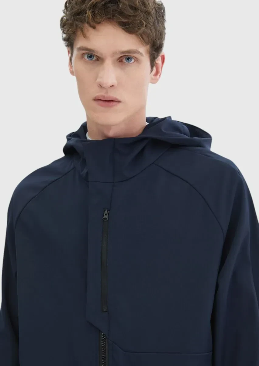 Lacivert Regular Fit Kapüşonlu Denim Dokuma Mont - 4