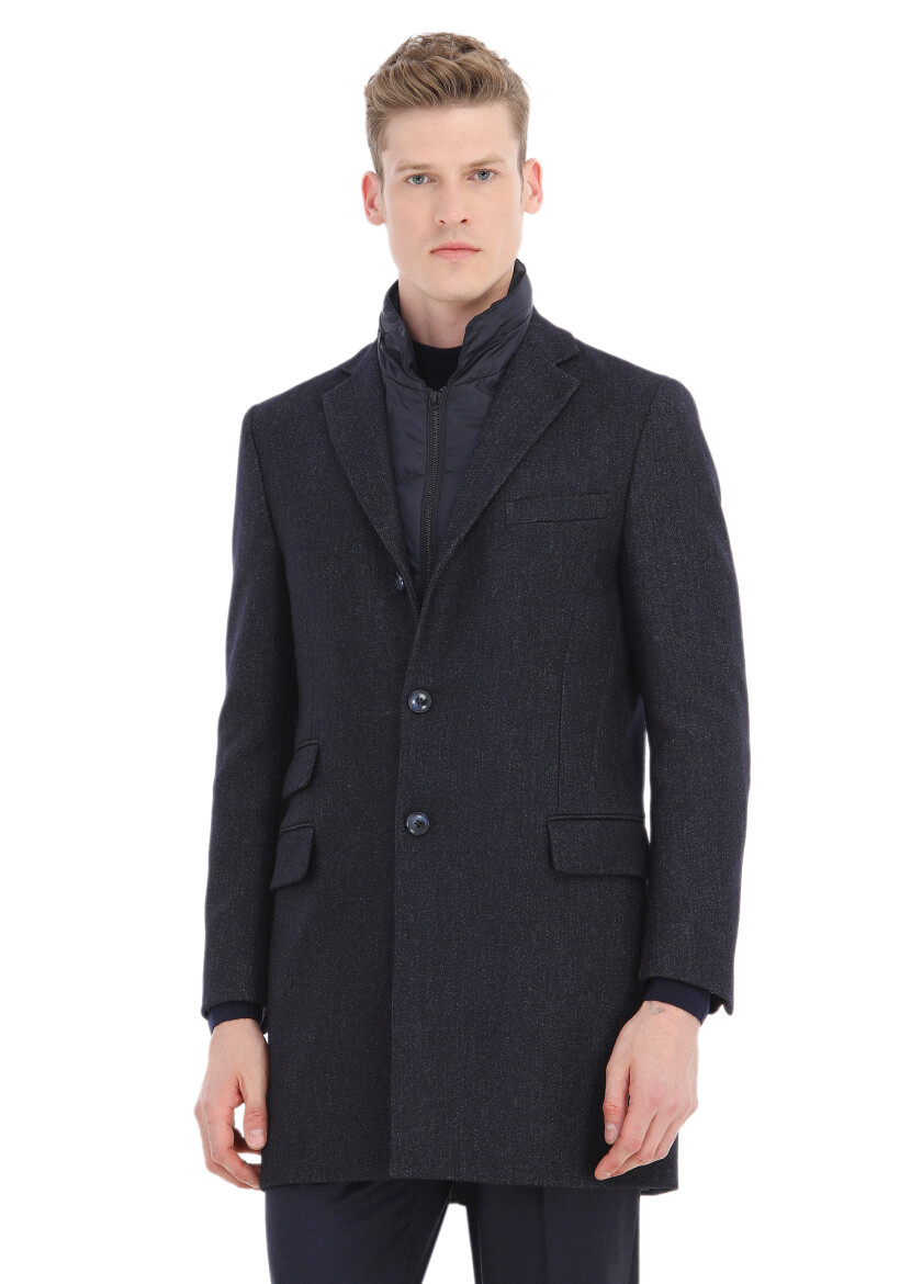 Lacivert Regular Fit Kelebek Yaka Casual Dokuma Palto - 1