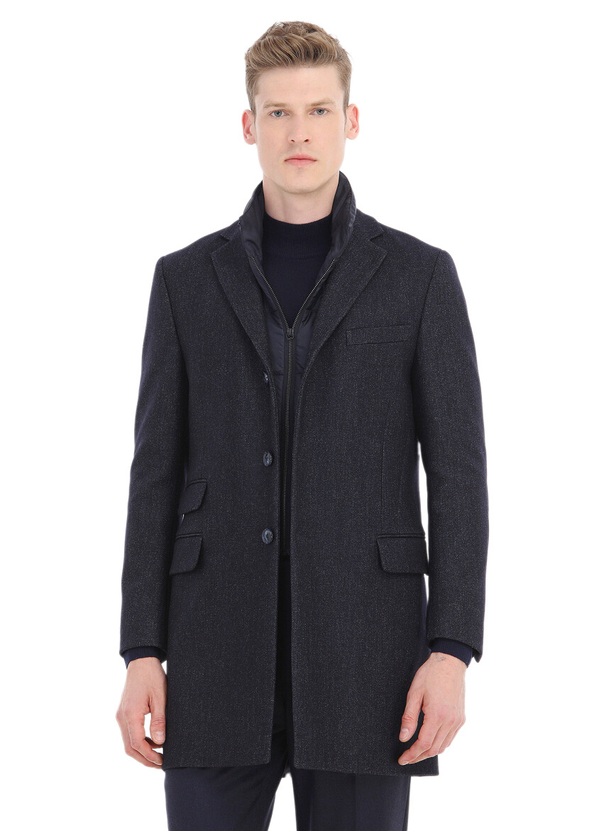 Lacivert Regular Fit Kelebek Yaka Casual Dokuma Palto - 3