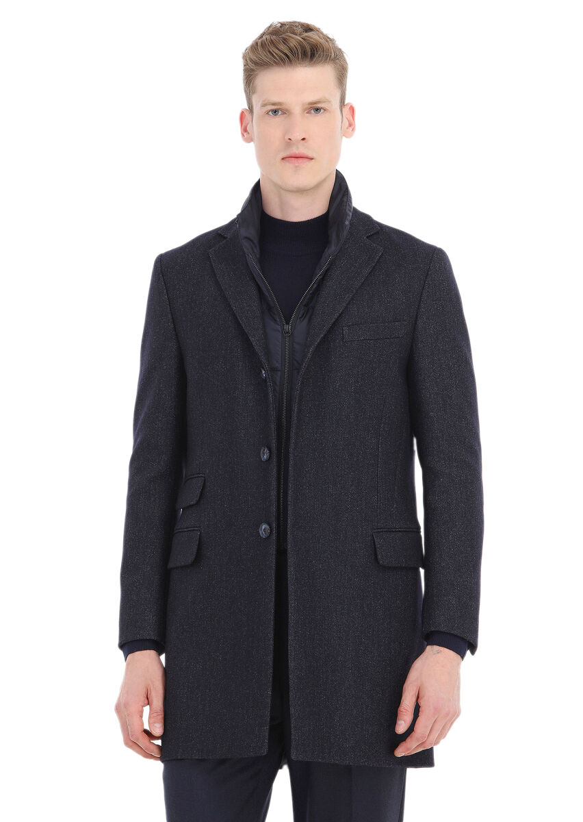 Lacivert Regular Fit Kelebek Yaka Casual Dokuma Palto - 3