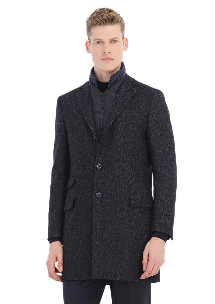 Lacivert Regular Fit Kelebek Yaka Casual Dokuma Palto - 1