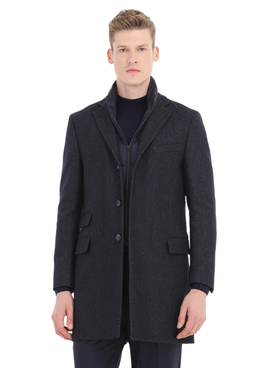 Lacivert Regular Fit Kelebek Yaka Casual Dokuma Palto - 3