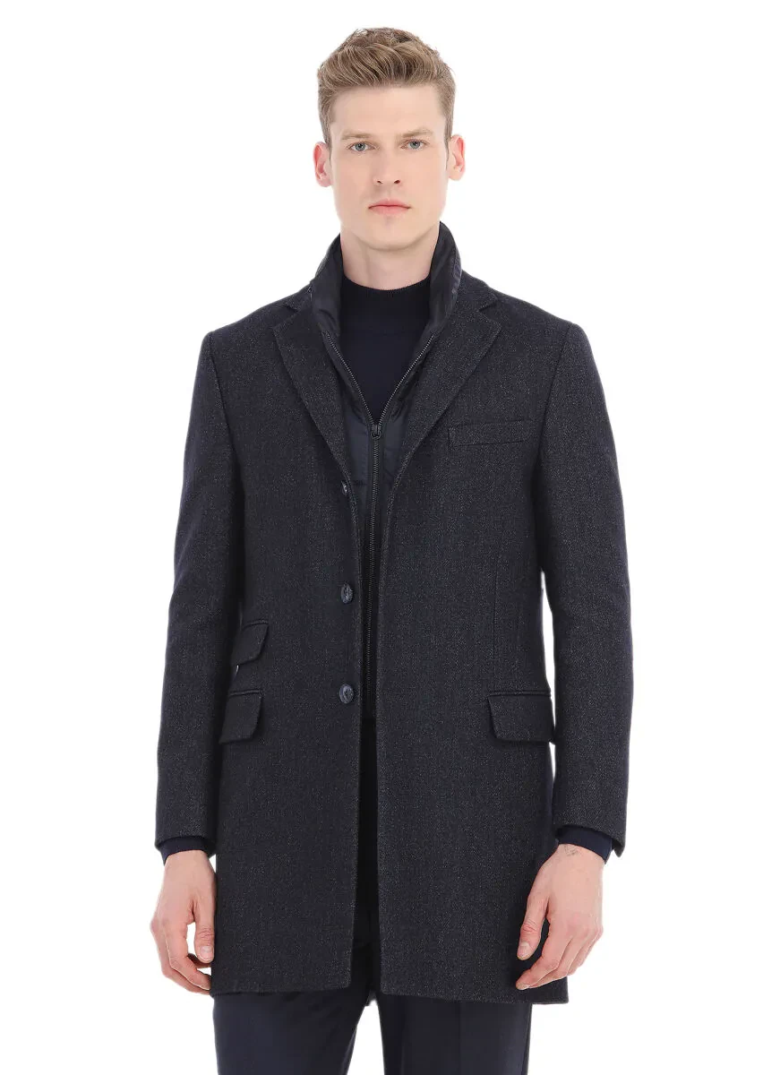 Lacivert Regular Fit Kelebek Yaka Casual Dokuma Palto - 3