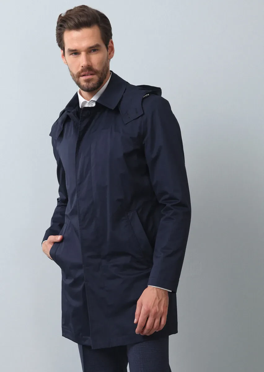 Lacivert Regular Fit Kelebek Yaka Casual Dokuma Pardesü - 1