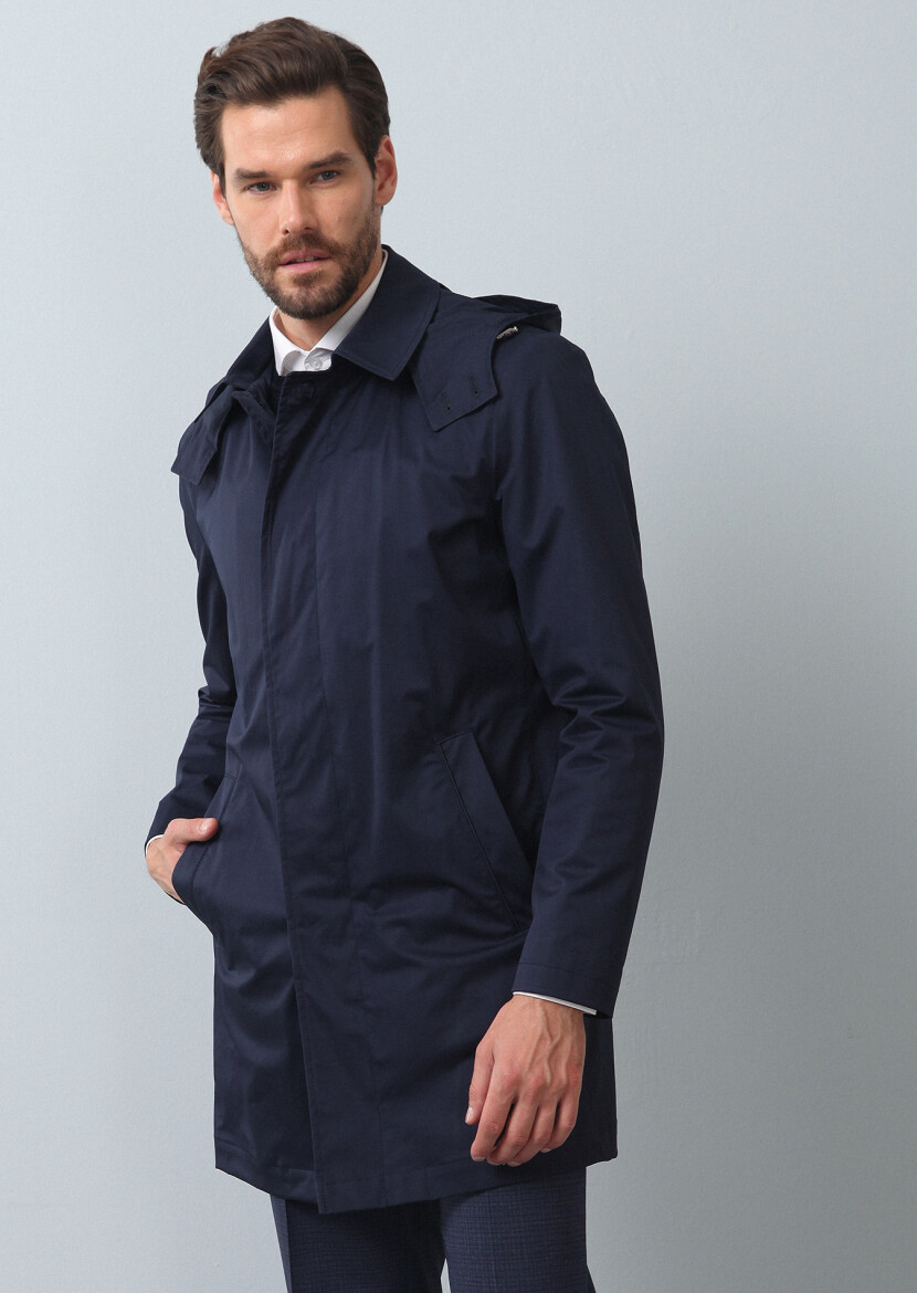 Lacivert Regular Fit Kelebek Yaka Casual Dokuma Pardösü - 1