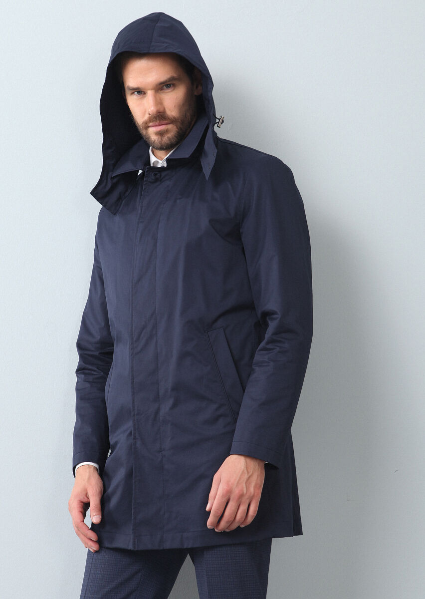 Lacivert Regular Fit Kelebek Yaka Casual Dokuma Pardösü - 2