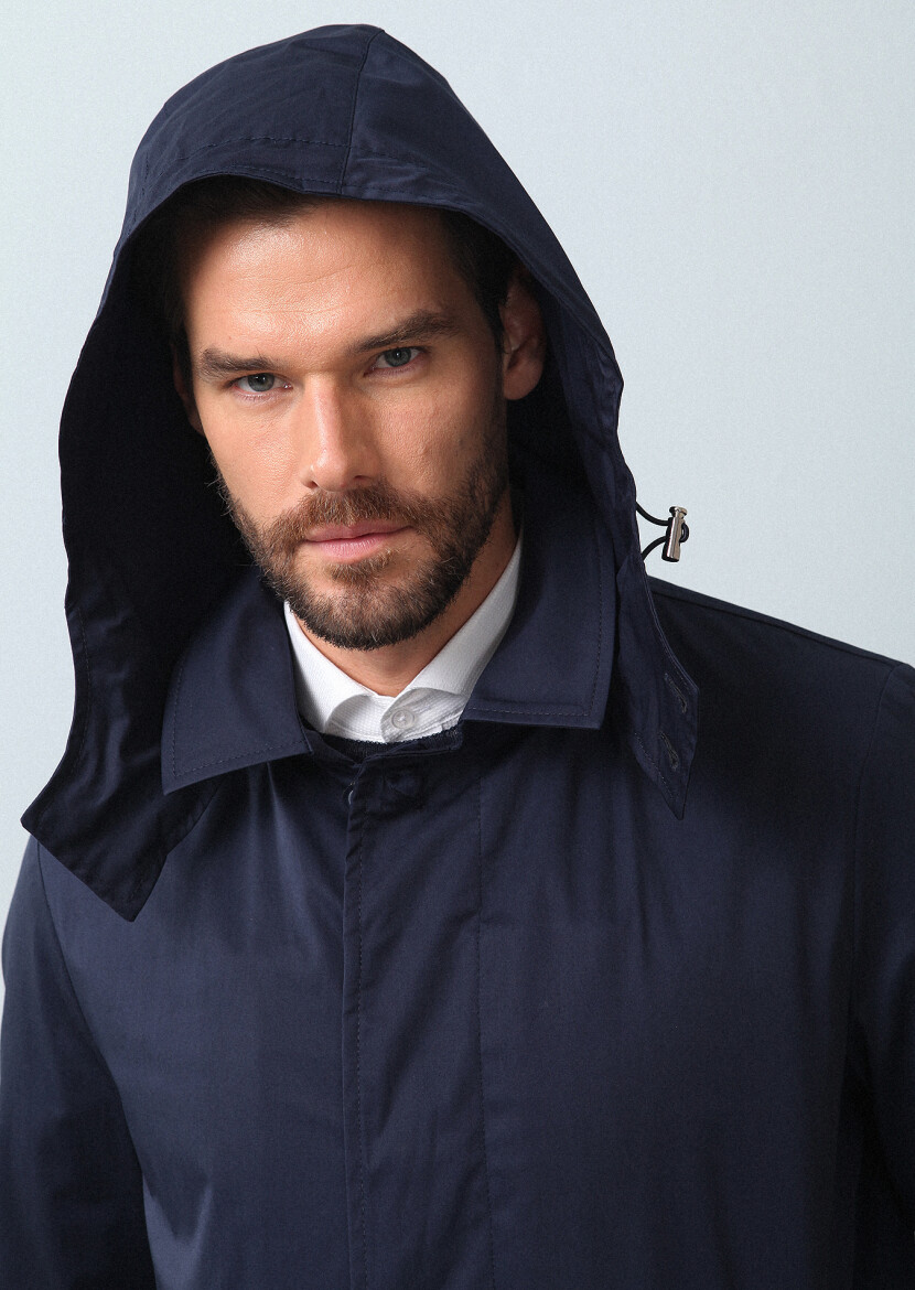 Lacivert Regular Fit Kelebek Yaka Casual Dokuma Pardösü - 3