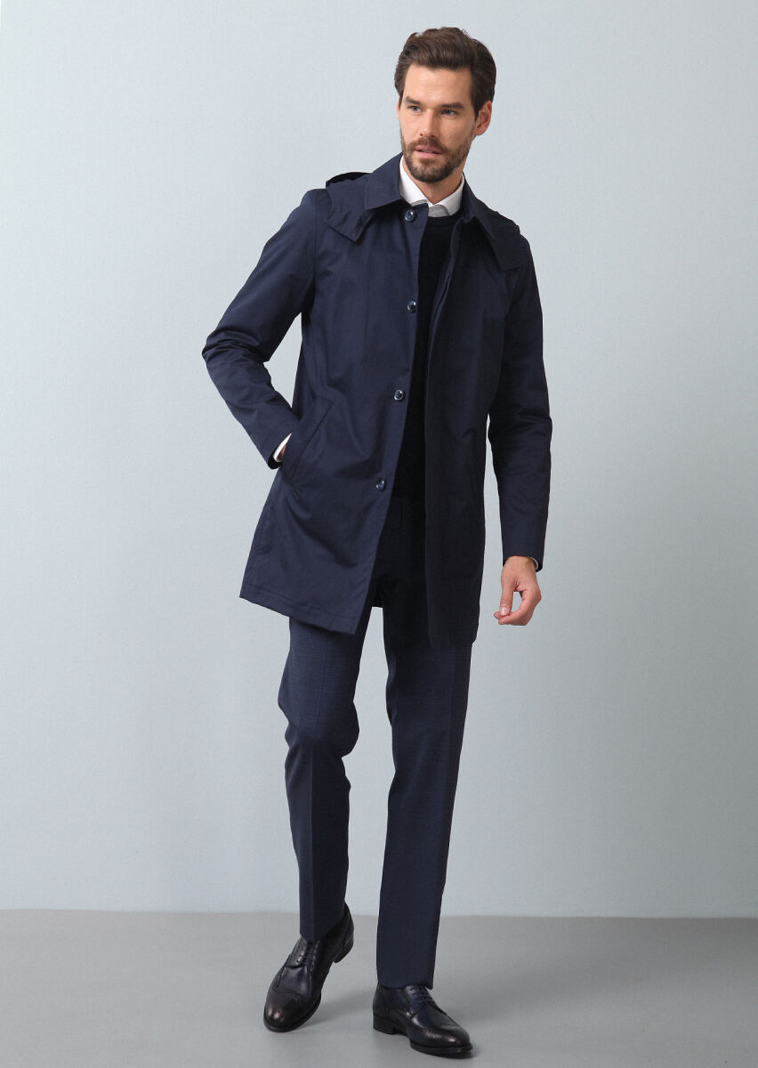 Lacivert Regular Fit Kelebek Yaka Casual Dokuma Pardösü - 4