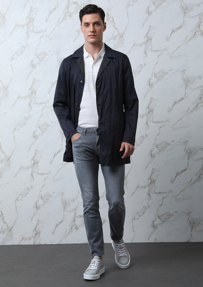 Lacivert Regular Fit Kelebek Yaka Casual Dokuma Pardösü - 1