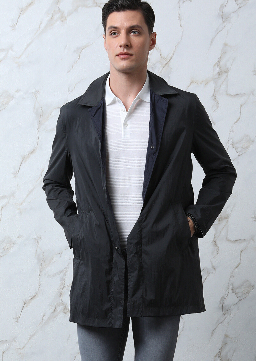 Lacivert Regular Fit Kelebek Yaka Casual Dokuma Pardösü - 2