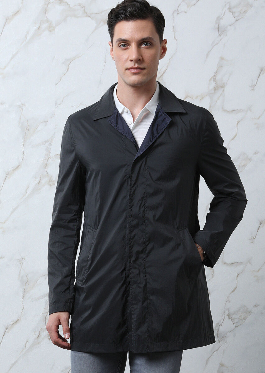 Lacivert Regular Fit Kelebek Yaka Casual Dokuma Pardösü - 3