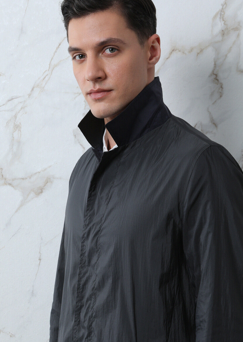 Lacivert Regular Fit Kelebek Yaka Casual Dokuma Pardösü - 4