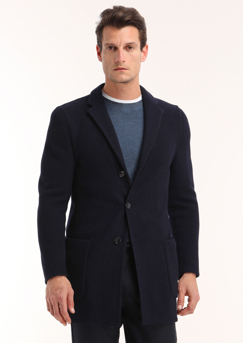 Lacivert Regular Fit Kelebek Yaka Casual Örme Palto - 2