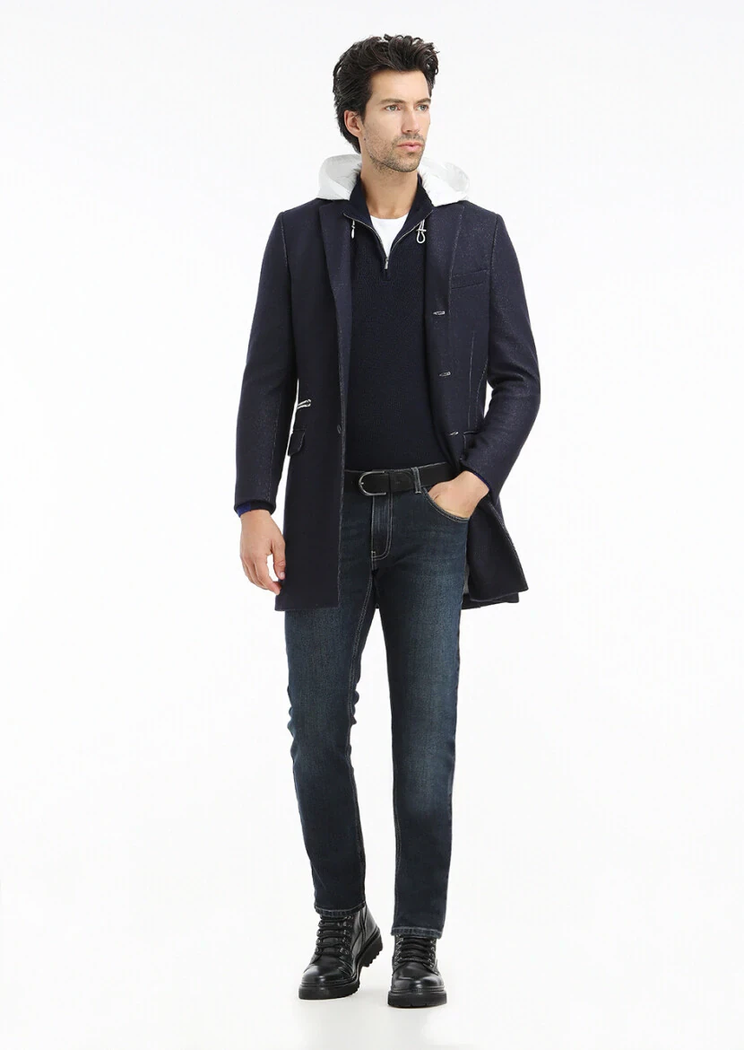 Lacivert Regular Fit Kelebek Yaka Casual Örme Palto - 1