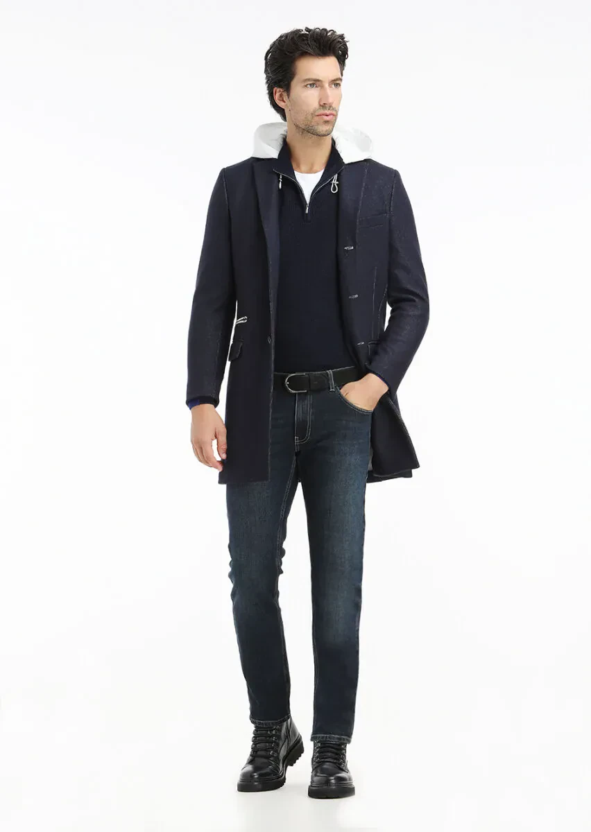 Lacivert Regular Fit Kelebek Yaka Casual Örme Palto - 1