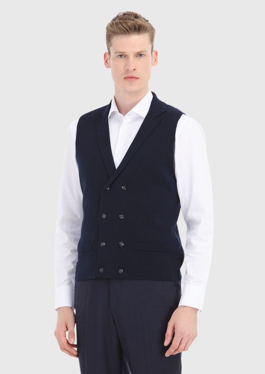 Lacivert Regular Fit Kelebek Yaka Casual Örme Triko Yelek - 1