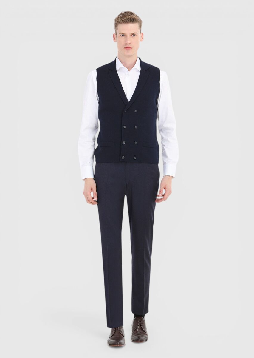 Lacivert Regular Fit Kelebek Yaka Casual Örme Triko Yelek - 2