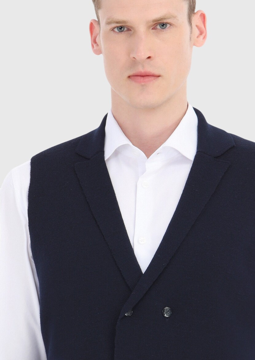 Lacivert Regular Fit Kelebek Yaka Casual Örme Triko Yelek - 3