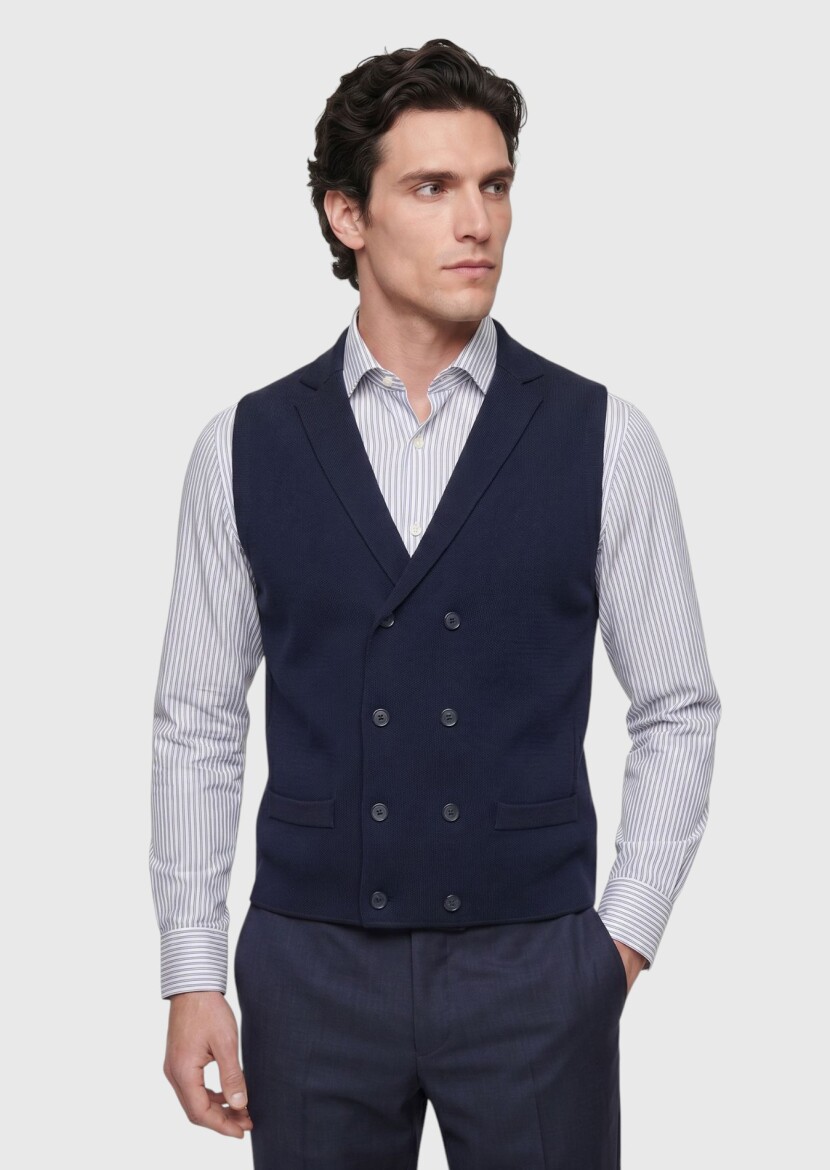 Lacivert Regular Fit Kelebek Yaka Casual Örme Triko Yelek - RAMSEY